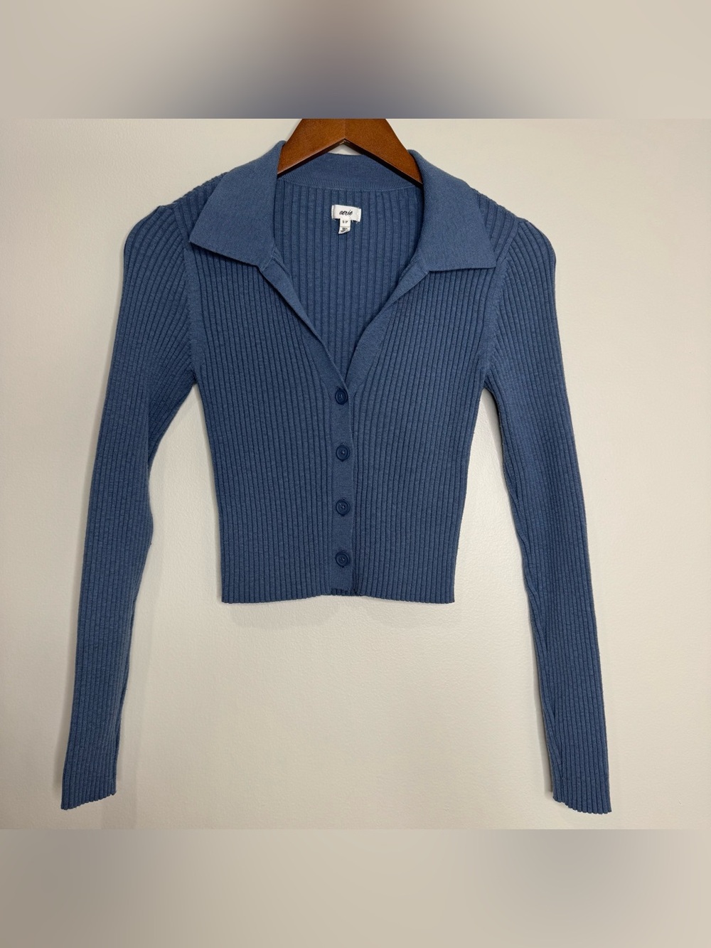 Aerie Blue Ribbed Cropped Collared Long Sleeve Sweater Top Size Small Lounge